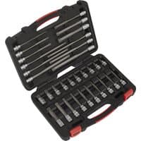 Sealey 32 Piece Torx Socket Bit Set in black and red case with organized silver sockets and bits.