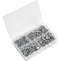 Clear plastic box with assorted steel nuts, organized in compartments, labeled "Sealey 320 Piece Steel Nut Assortment Imperial UNF".