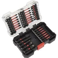 Sealey 34 Piece Impact Grade Screwdriver Bit Set in black and red, stored in a clear-lid black plastic case.
