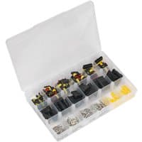 Sealey connector assortment in clear plastic case with black, yellow, and red components in divided sections.