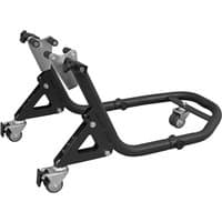 Black Sealey 360 Degree Floating Universal Front Paddock Stand with swivel casters and adjustable support arms.