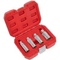 Red Sealey case with four silver 3/8" drive magnetic spark plug sockets neatly arranged inside.