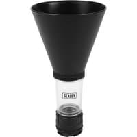 Black and clear Sealey engine oil funnel with wide top and narrow base, designed for BMW and Mercedes-Benz vehicles.