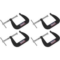 Black Sealey 4 Piece Junior G Clamp Set with silver screws and Sealey logo on each clamp.