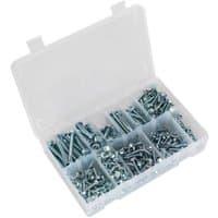 Sealey 410 piece hex head self-drilling screw assortment in a clear plastic organizer with multiple compartments.