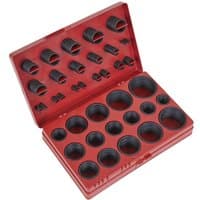 Red Sealey case with assorted black O-rings in various sizes, organized in labeled compartments.