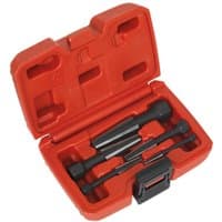 Red Sealey 5 Piece Double Edge Screw Extractor Set in a compact case with black metal extractors.