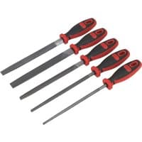 Sealey 5 Piece Smooth Cut Engineers File Set with red and black ergonomic handles and metal file blades.