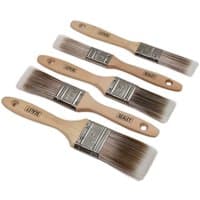 Sealey 5 Piece Synthetic Paint Brush Set with wooden handles and silver ferrules, varying sizes, brown bristles.