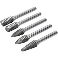 Sealey 5 Piece Tungsten Carbide Rotary Burr Set with silver cylindrical and conical shapes, textured cutting surfaces.