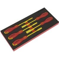 "Red and yellow Sealey VDE insulated nut driver set with five tools in a black module tray"
