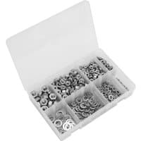 Sealey 500 piece stainless steel nut and washer assortment in clear plastic organizer with multiple compartments.