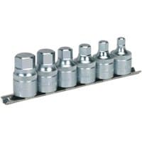 Sealey 6-piece stubby hexagon socket bit set, silver, on a metal rail, featuring 1/2" drive metric sizes.