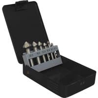 Sealey 6 Piece Countersink Set with silver bits in a black plastic case, labeled sizes from 6.3 to 20.5mm.