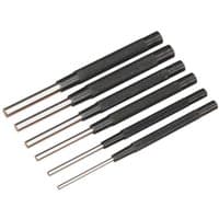 Sealey 6 Piece Parallel Pin Punch Set with black knurled handles and silver tips in varying sizes.