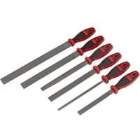 Sealey 6 Piece Rasp File Set with red and black ergonomic handles and various file shapes and sizes.