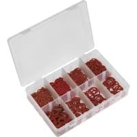 Clear plastic box with compartments holding red fibre washers, labeled "Sealey 600 Piece Fibre Washer Assortment Metric"