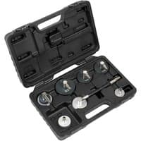 Black Sealey 7 Piece Brake and Clutch Pressure Bleeder Cap Set in a molded carrying case with various cap sizes.