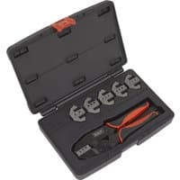 Sealey 7 Piece Deutsch Connector Plier Set in black case with red latch, includes pliers and six interchangeable jaws.