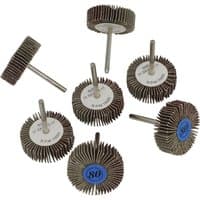Sealey 7 Piece Flap Wheel Set with abrasive flaps and metal shanks for rotary multi tools.