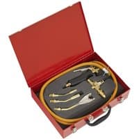 Red Sealey 7 Piece Propane Torch Kit with brass nozzles, black handle, and yellow hose in a foam-lined case