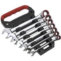 Sealey 7 Piece Ratchet Combination Spanner Set with chrome finish and red-accented ratchet ends in a black holder.