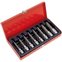 Red Sealey 8 Piece 1/2" Drive Hexagon Socket Bit Set in a metal case with foam lining, featuring silver sockets.