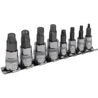 Sealey 8 piece hexagon socket bit set, silver with black tips, mounted on a metal rail, includes 1/4" and 3/8" drives.