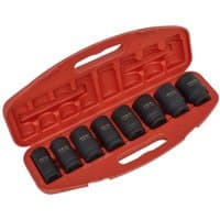 Red Sealey case with 8 black deep impact sockets, 3/4" drive, metric sizes, organized in molded slots.