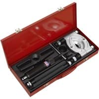Red Sealey 8 Piece Hydraulic Bearing Separator/Puller Set with silver components in a red carrying case.