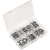 Clear plastic box with assorted black rubber bonded seals in various sizes, organized in compartments.
