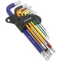 Sealey 9 Piece Colour Coded Long Ball End Hex Key Set in holder, featuring vibrant colors and silver ball ends.
