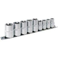 Sealey 9 Piece Torx Socket Set, silver chrome finish, arranged on a metal rail, varying sizes from small to large.