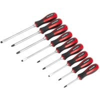 Red and black Sealey 9 piece hammer through screwdriver set with chrome shafts and ergonomic handles.