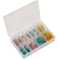 Clear plastic box with assorted colored adhesive lined heat shrink terminals in divided compartments.