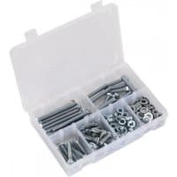 Clear plastic box with compartments holding silver M8 metric setscrews, nuts, and washers, 220 pieces by Sealey.