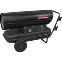 Black Sealey AB2380 space heater with large cylindrical body, control panel, and two wheels for mobility.
