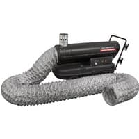 Black Sealey kerosene/diesel heater with flexible silver ducting and sturdy wheels for portability.
