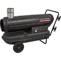 Black Sealey ABI1000 kerosene/diesel space heater with wheels, chimney, and control panel.