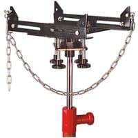 "Black Sealey adjustable gearbox support with chains and red base for transmission jack"