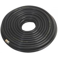 Black coiled Sealey air hose 20M x Ø8mm with brass 1/4in BSP unions, heavy-duty rubber construction.