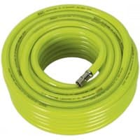 High-visibility green air hose, 20m x Ø10mm, with 1/4in BSP unions, coiled neatly, by Sealey.