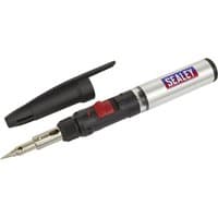 Sealey AK2961 silver and black butane soldering iron with red accents and detachable black cap.