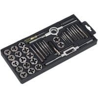 Sealey 40-piece carbon steel tap and split die set in black case, featuring various taps, dies, and wrenches.