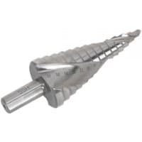 Silver Sealey step drill bit with spiral flute design, marked measurements, and tapered shape from 4-30mm.