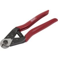 Red-handled Sealey AK503 wire rope cutter with black metal cutting jaws and pivot joint.