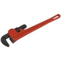 Red Sealey pipe wrench, European pattern, 450mm, cast steel with adjustable jaw and hole in handle for hanging.