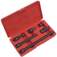 Red case with black Sealey 6-piece impact socket adaptor and extension bar set, including various lengths and sizes.
