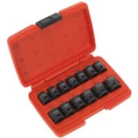 Red plastic case with 13 black impact sockets, labeled sizes, and secure latch closure.