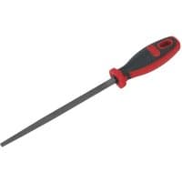 Square engineer's file with a smooth cut, 200mm length, black metal blade, and red and black ergonomic handle.